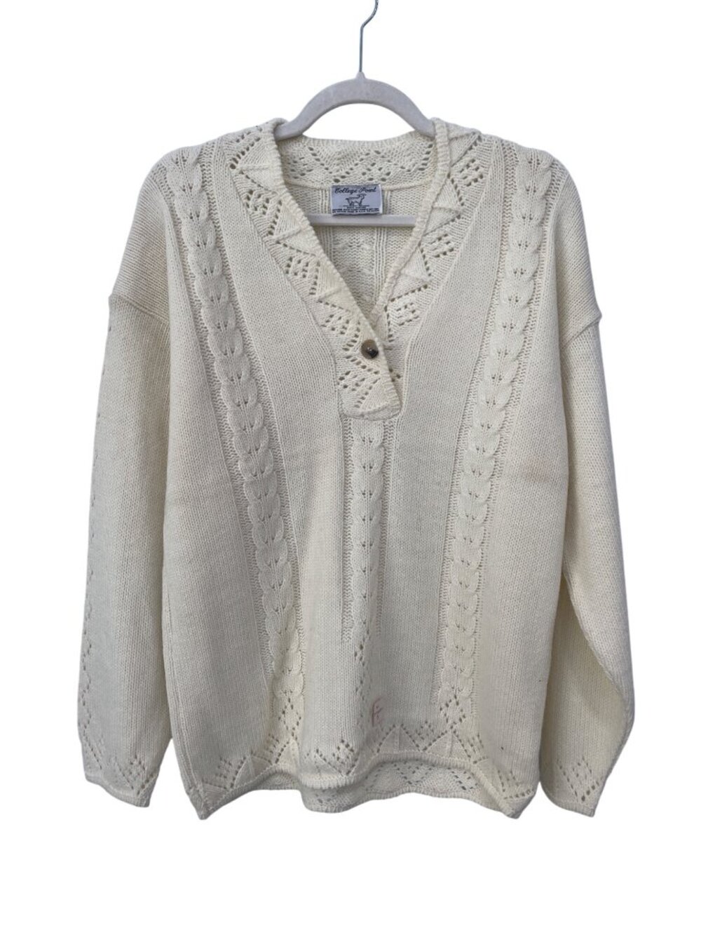 Vintage College Point Sweater Small Cable Knit V Neck Cream Cozy Deadstock NEW
